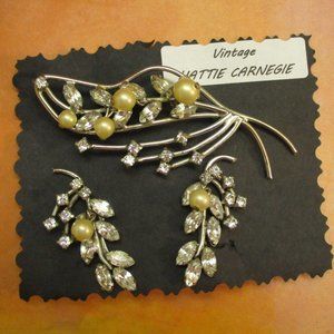 HATTIE CARNEGIE Floral Branch Brooch Earrings Set~Silver Dangle Pearl 1950s Set